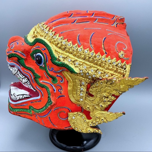 VINTAGE Life Size Red Demon Thai Khon Ramayana Vedic Classic Mask - Picture 7 of 8